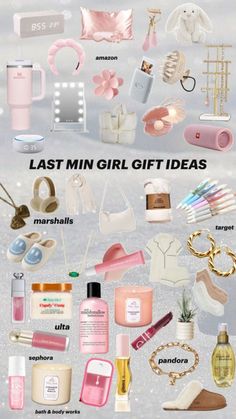 a poster with the words last girl gift ideas written in white and pink on it