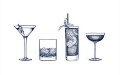 four glasses filled with different types of drinks