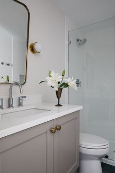 a white toilet sitting next to a sink in a bathroom under a large framed mirror