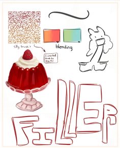 a drawing of a red cake with white frosting on top and the word felifer below it