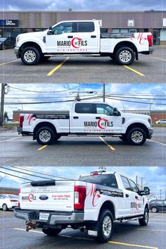 four different trucks parked in a parking lot with the words marbo fils on them