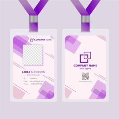 two id cards with purple ribbons hanging from the front and back of each card, one is