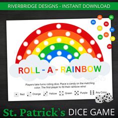 a card game with the words roll - a - rainbow and dices on it