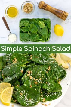 spinach salad with lemons, parmesan and seasoning on the side