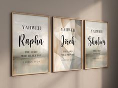 three framed wall art depicting the names of different bibles, each with their own name