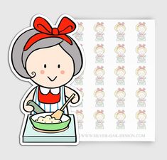 a sticker with an image of a woman cooking in a bowl on top of a counter