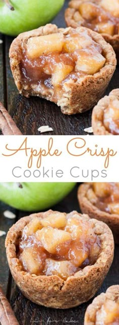 apple crispy cookie cups with cinnamon caramel topping on top and an apple in the background