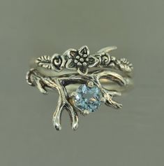 Antler 2 Flower Band Twig Band Alternative Engagement Ring - Etsy Antler Engagement Ring, Deer Rings, Rings Aquamarine, Engagement Ring Stacking, Engagement Ring Leaf, Fantasy Accessories, Leaf Wedding Rings, Ring Stones, Antler Ring