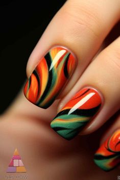 Kente Cloth Nail Art, Flame Nail Art Short, Halloween Flame Nails, Orange Flames Nails, Pink And Orange Flame Nails, Black Nails With Orange Flames, Flame Nail Designs, Classy Short Nails, Bright Nail Designs