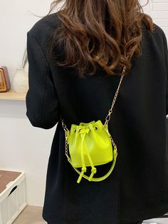 Green Fashionable   PU Leather Plain Bucket Bag Embellished   Women Bags Bucket Bag Aesthetic, Diy Mini Bag, Fancy Purses, Drawstring Purse, Lace Dress Design, Mini Bucket Bag, Bucket Purse