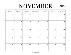 a november calendar with the holidays in black and white