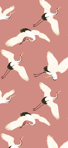 a flock of white birds flying across a pink sky