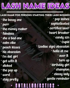 an advertisement for lashes with the words, lashes name ideas