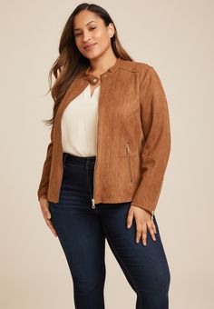 Plus Size Brown Faux Suede Biker Jacket - Materials & Care:imported - 95% polyester 5% spandex - machine wash New Jeans Top, Faux Jacket, Maurices Plus Size, Suede Biker Jacket, Suede Biker, Adaptive Clothing, Faux Suede Fabric, Feel Pretty, Brown Leather Jacket