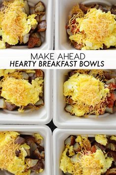 four plastic containers filled with different types of breakfast foods and the words make ahead hearty breakfast bowls