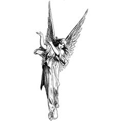 an ink drawing of a woman with wings flying through the air and holding her arm out