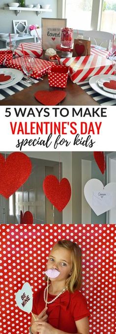 a valentine's day party with red and white decorations, paper hearts, and candy sticks