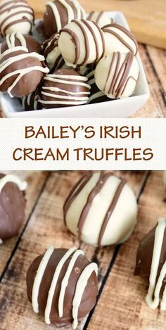 chocolate covered truffles on a wooden table with text overlay that reads bailey's irish cream truffles