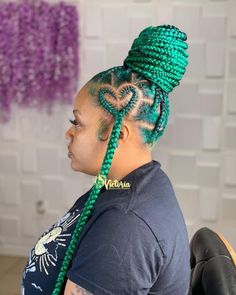 Large Green Braided Bun with Heart Design Hairstyles With A Heart, Box Braids Bun, Black Box Braids, Bun With Curls