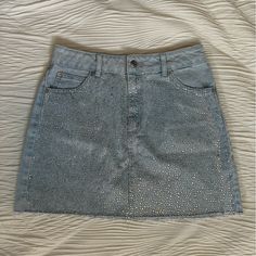 Brand New Topshop Bedazzled/Rhinestone Denim Skirt. Never Worn With Tags Size: 8 (Fits A Medium) Rhinestone Denim Skirt, Rhinestone Denim, Y2k Skirt, Grey Skirt, Gray Skirt, Denim Skirt, Topshop, Womens Skirt, Color Blue