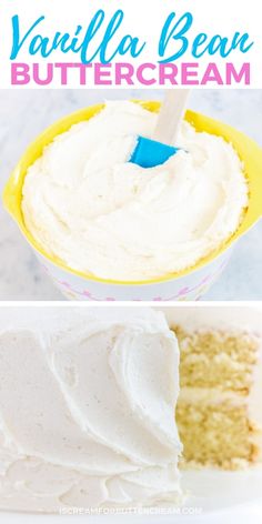 vanilla bean buttercream cake in a yellow bowl with a blue spatula on top