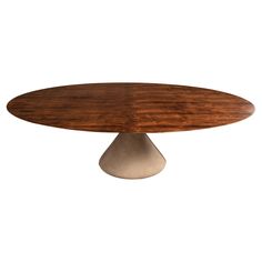 an oval wooden table with metal base on a white background for use as a centerpiece