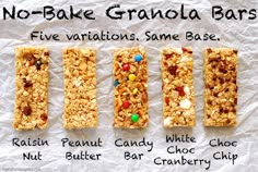 five granola bars lined up on top of each other, with different toppings