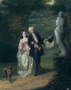 a painting of a man and woman in formal dress standing next to a dog on a path