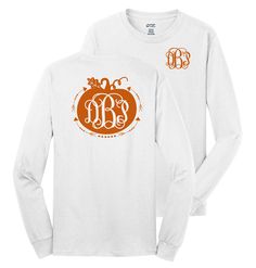 PERSONALIZED FULL BACK PUMPKIN ARROW LONG SLEEVE SHIRT - DDP Monograms & Gifts Monogram Cricut, Cricut Thanksgiving, Monogram Pumpkin, Fall Tees, Silhouette Gifts, Pumpkin Monogram, Monogram Shirt, Patches Shirt