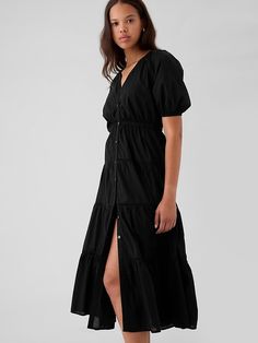 Tiered Maxi Shirtdress Elegant Cotton Button-up Maxi Dress, Cotton Maxi Length Shirt Dress For Daywear, Elegant Button-up Cotton Maxi Dress, Cotton Maxi Shirt Dress For Daywear, Chic Cotton Maxi Shirt Dress, Cotton Shirt Dress For Brunch, Casual Short Sleeve Maxi Dress With Gathered Sleeves, Elegant Cotton Maxi Dress With Button Closure, Elegant Short Sleeve Midi Dress By Gap