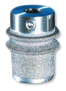 an aluminum pipe fitting with a blue cap on the top and bottom, in front of a white background