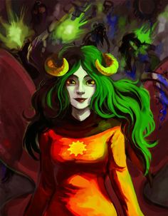 a painting of a woman with green hair and horns on her head, wearing a red dress