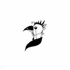 a black and white drawing of a bird holding a flower