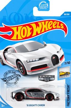 the hot wheels bugatti chiron is white and has red stripes on it