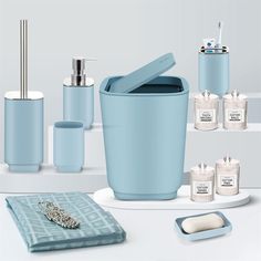 bathroom accessories including soap dispenser, toothbrush holder, and other items