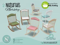 four wooden rocking chairs with different colors and designs on the front, back and sides