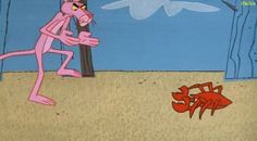 a pink cartoon character holding onto a pole next to a red crab on the beach