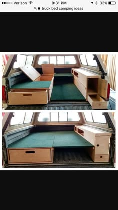 there are two pictures of the inside of a camper with drawers on each side