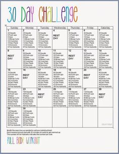 the 30 day challenge is shown in this printable calendar with colorful writing and numbers