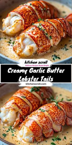 two pictures of lobsters with cream sauce and garnish on the side, one is