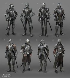 some knights are standing in different poses and holding their swords, armors and helmets