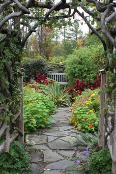 a stone path leads through a garden with flowers and trees