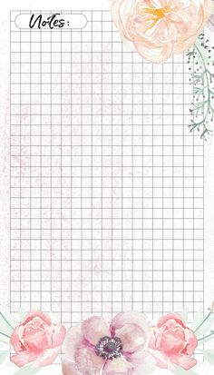 a paper with pink flowers and greenery on the side, in front of a grid background