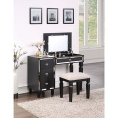 a vanity with stool and mirror in a room