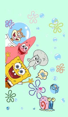 an image of spongebob and friends in the air with bubbles on it's face