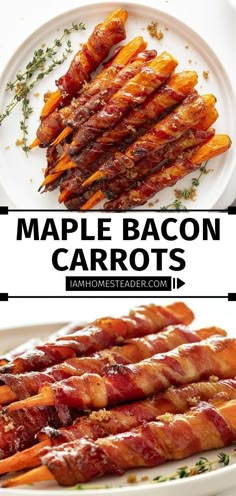 the recipe for maple bacon carrots is shown on a white plate, and in front of