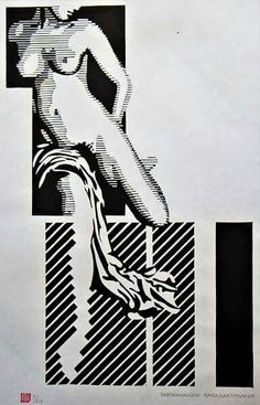 a black and white drawing of a naked woman