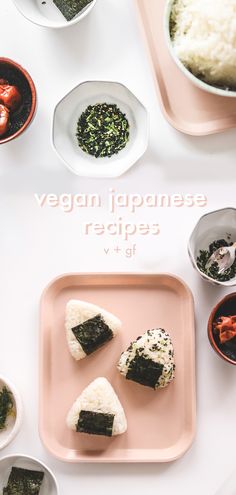 there are several small plates with food on them and the words vegan japanese recipes written in large letters