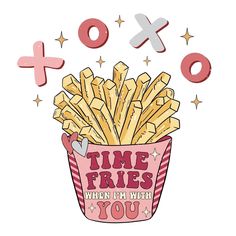 french fries in a pink box with the words xoxo and stars above it