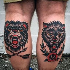 two men's legs with tattoos on them, one has an animal and the other has